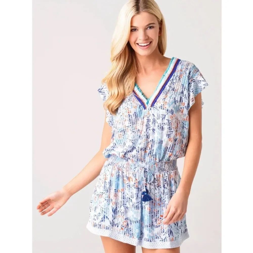 Poupette St Barth Printed Tassel Trim Romper Cover-Up XS Boho Resort NWOT